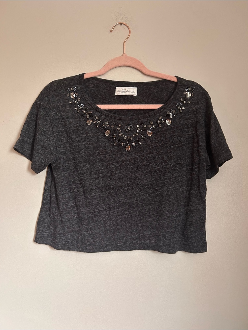 Abercrombie & Fitch Charcoal Jeweled Scoop-Neck Crop Top